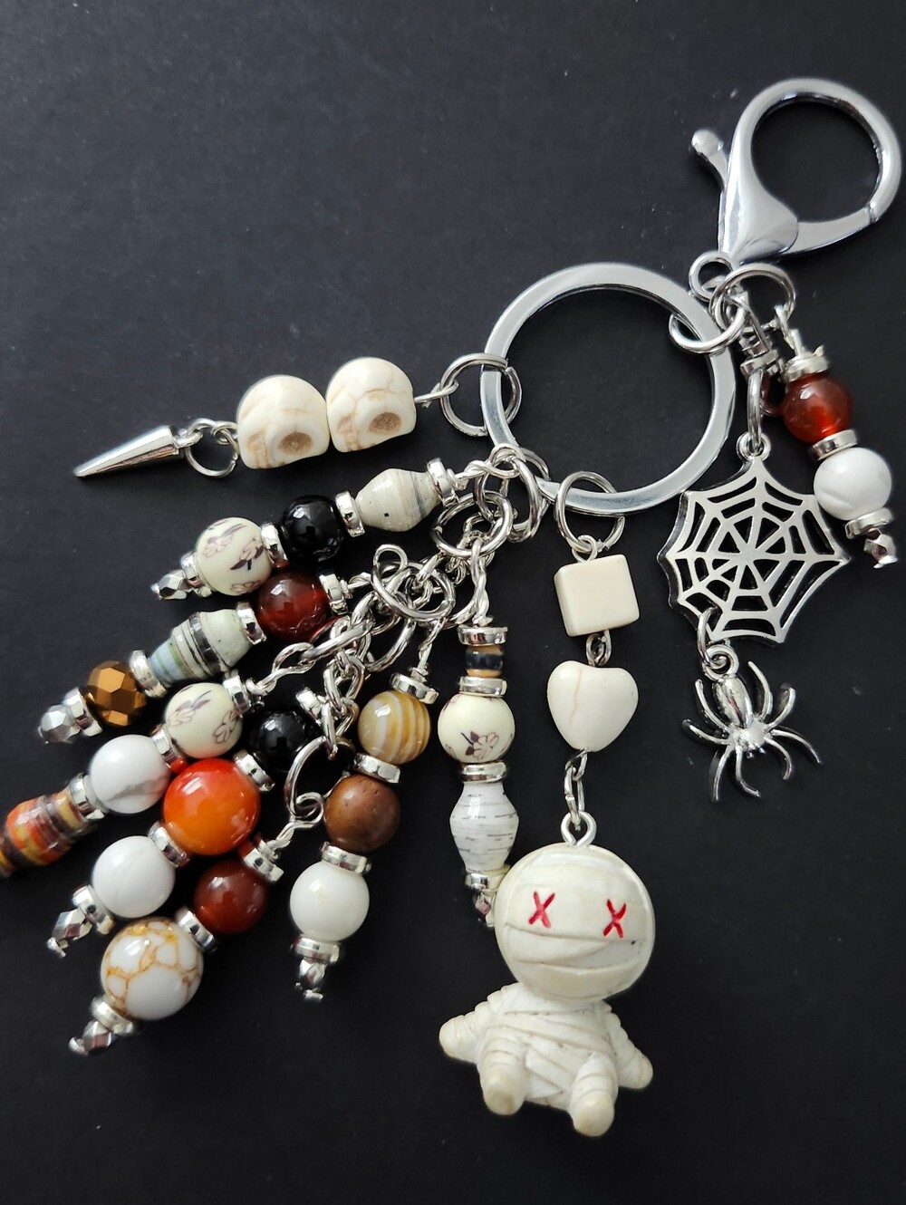 Halloween Mummy Purse Charm or Keychain  Fire Agate Howlite Paper Handcrafted